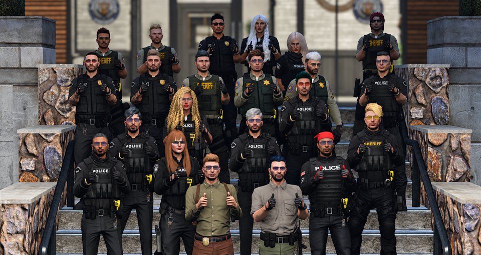 A group of Ciantic police and sheriff officers on station steps